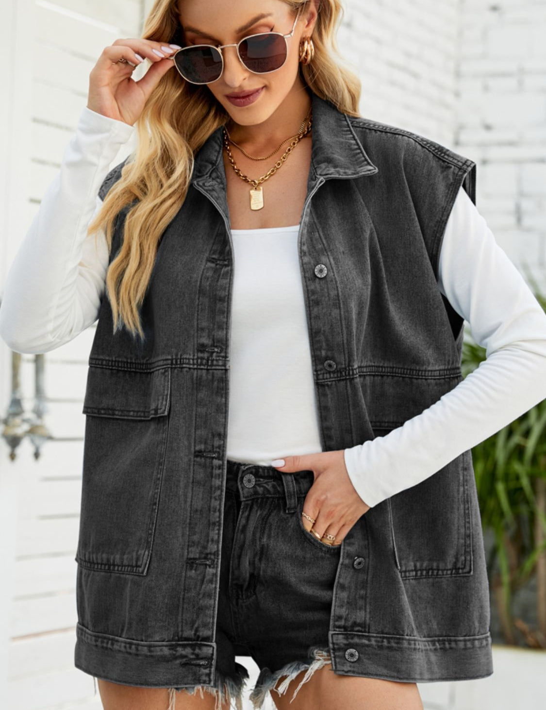 Collared Neck Sleeveless Denim Top with Pockets | Tops Daverri Fashions