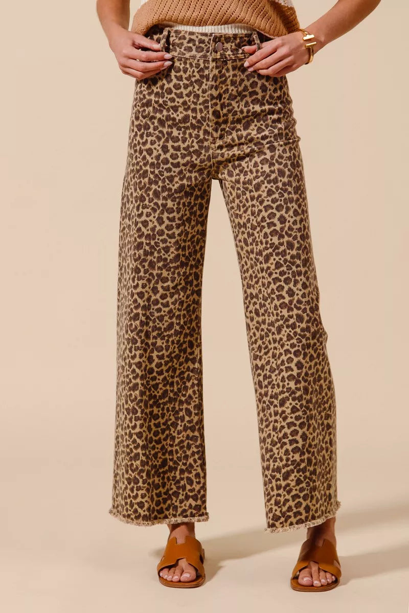 SO ME Mid Rise Leopard Twill Frayed Hem Wide Leg Pants | Daverri Fashions