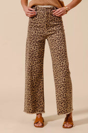 SO ME Mid Rise Leopard Twill Frayed Hem Wide Leg Pants | Daverri Fashions