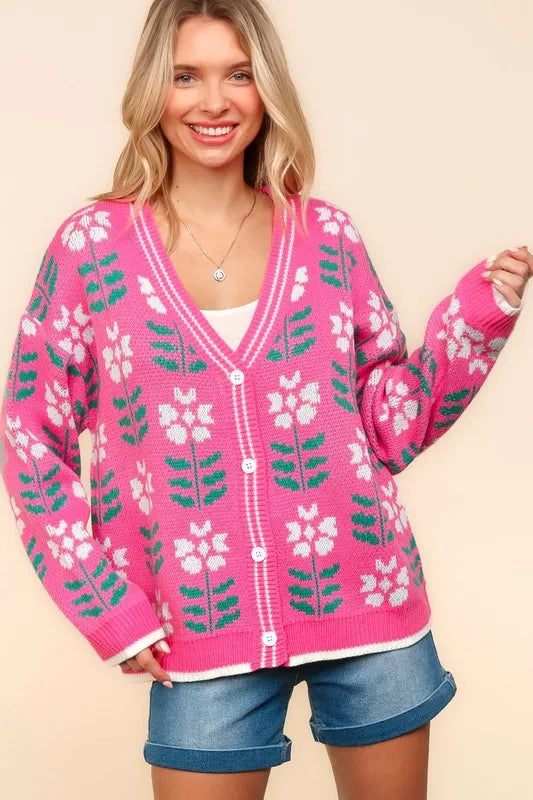 Hot Pink Haptics Plus Size Floral Jacquard V-Neck Button Up Cardigan | Cardigans Daverri Fashions