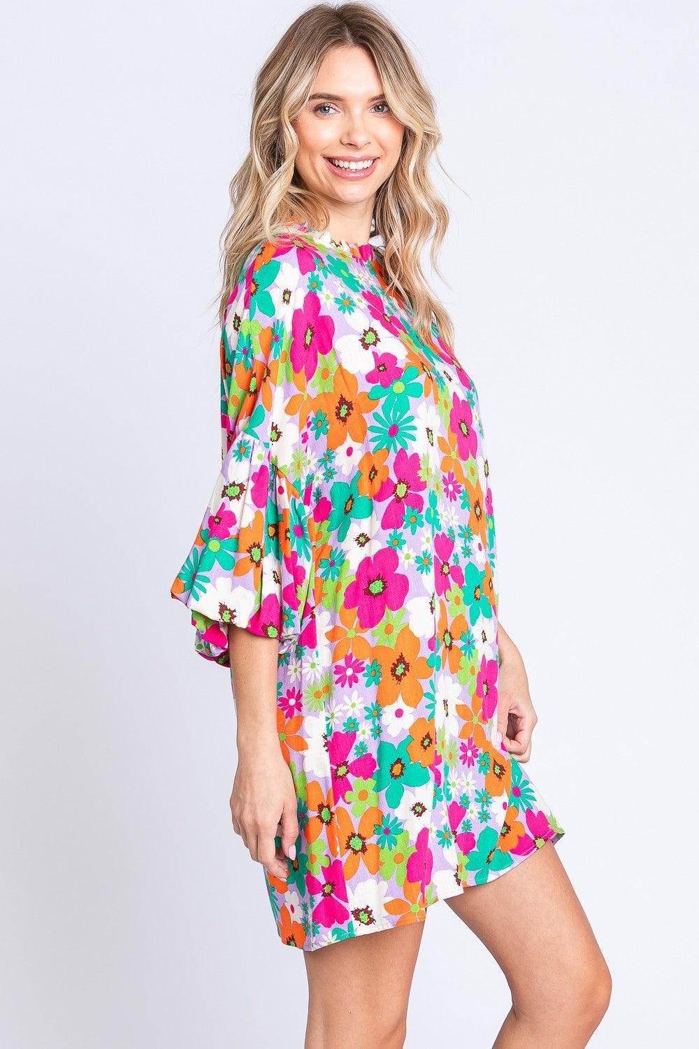 GeeGee Full Size Floral Round Neck Lantern Sleeve Mini Dress | Mini Dresses Daverri Fashions