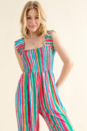 And The Why Full Size Striped Smocked Sleeveless Jumpsuit | Daverri Fashions