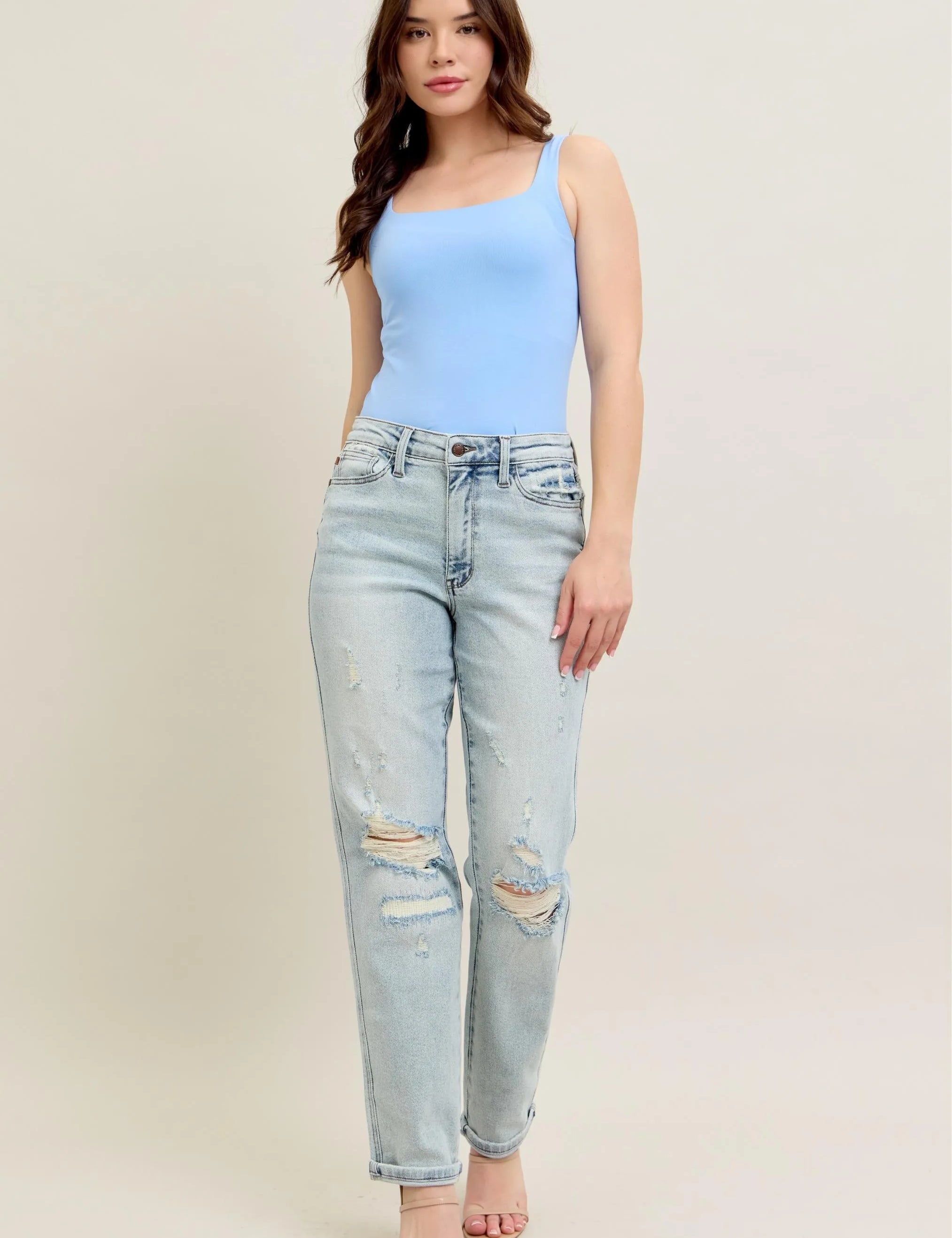 LT Judy Blue Full Size Mr Repair Stitch Detail Destroy Single Cuff Bf Jeans Plus Size | Jeans Daverri Fashions