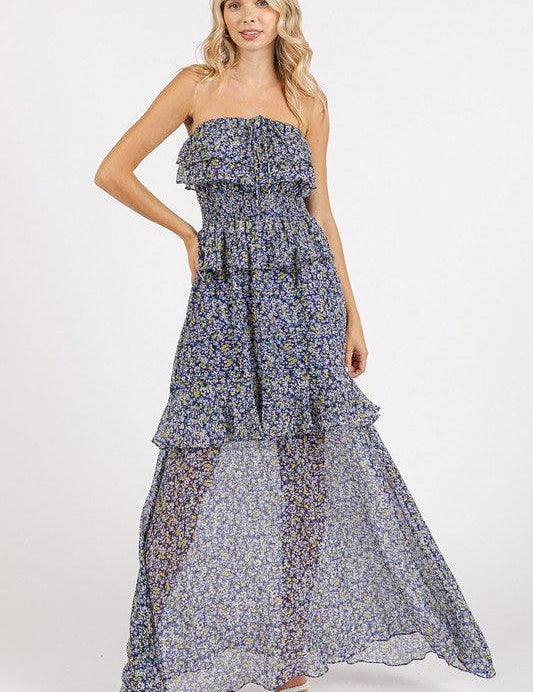 Dark Navy Mittoshop Ruffled Smocked Floral Halter Neck Maxi Dress | Daverri Fashions