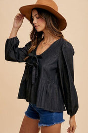 Annie Wear Black Tie Front Peplum Long Sleeve Denim Top | Tops Daverri Fashions