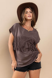 CHARCOAL Ces Femme Fringe Detail Round Neck Short Sleeve Top | Tops Daverri Fashions