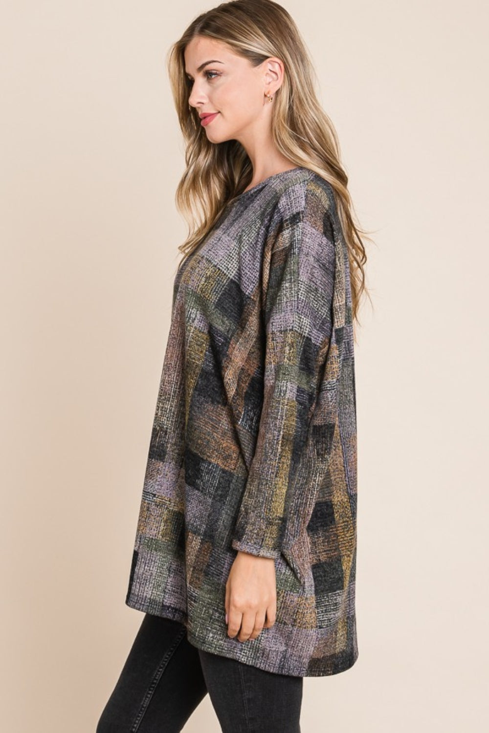 BOMBOM Plaid Round Neck Long Sleeve Top | Tops Daverri Fashions