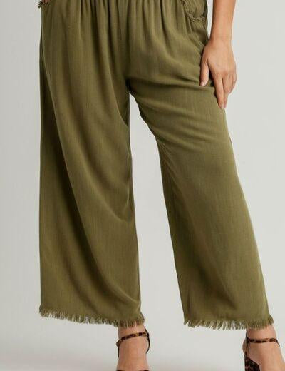 Umgee Full Size Linen Blend Elastic Waistband Wide Leg Pants Plus Size | Pants Daverri Fashions
