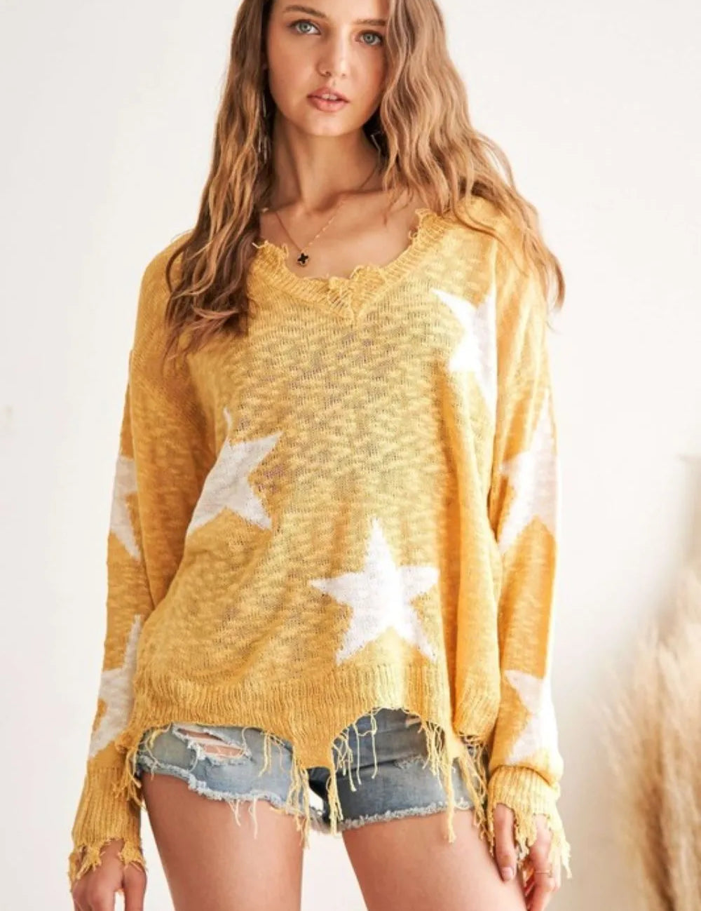 ADORA Distressed Star Sweater Top | Sweaters Daverri Fashions