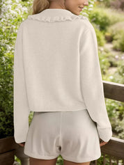 Frill Button Up Collared Neck Long Sleeve Cardigan | Cardigans Daverri Fashions
