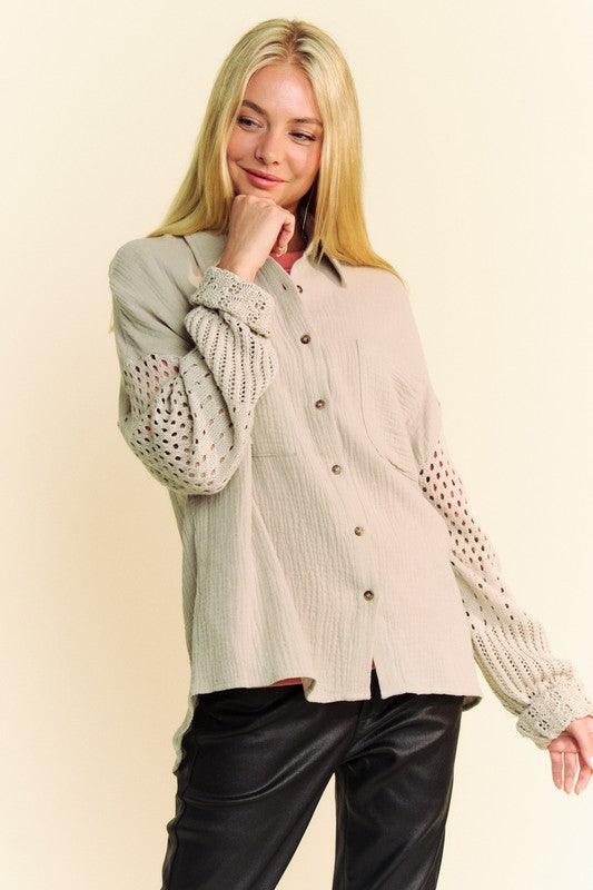 Davi & Dani Crochet Sleeve Crinkled Texture Shirt | Tops Daverri Fashions