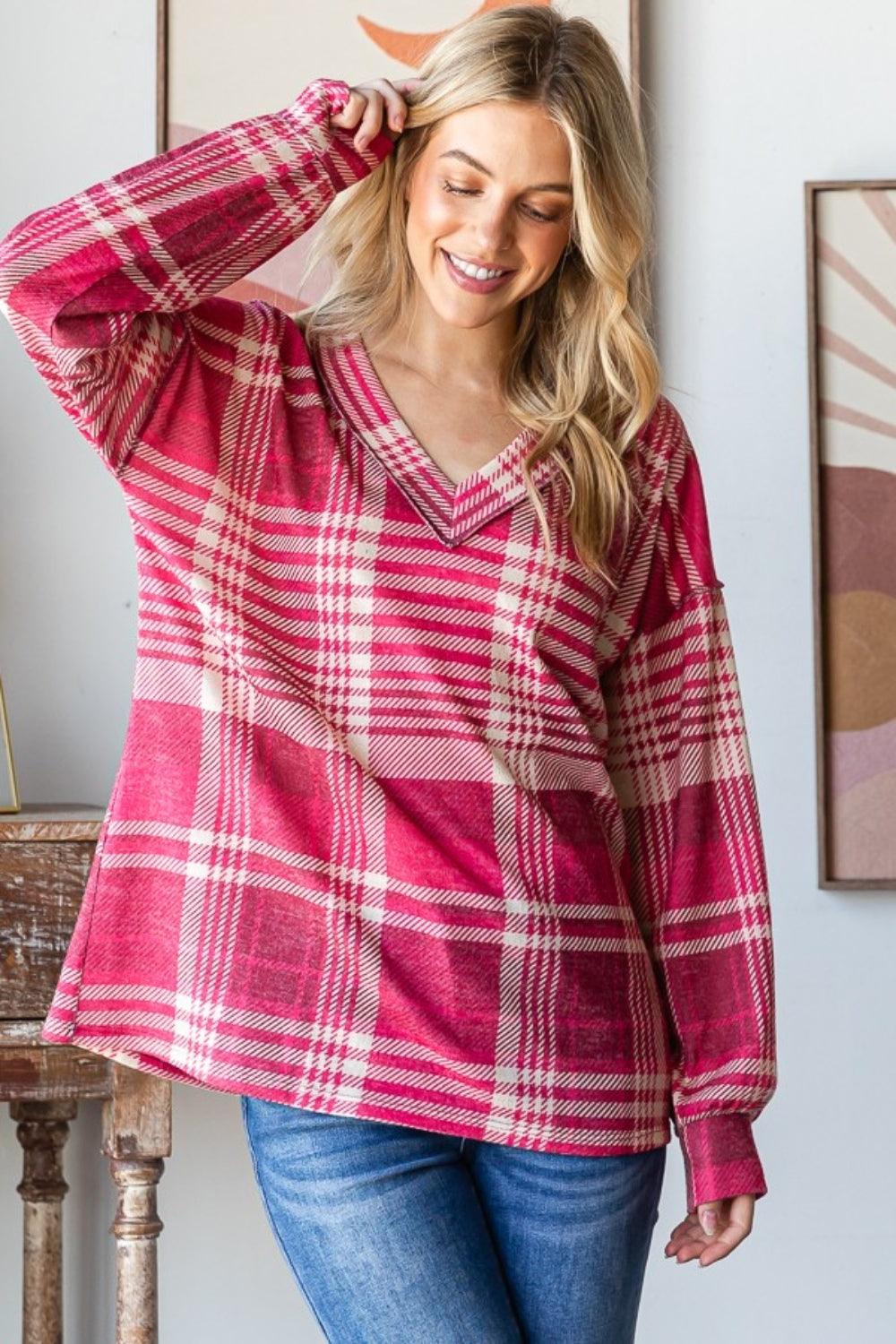 Heimish Plaid Drop Shoulder V-Neck T-Shirt | Daverri Fashions