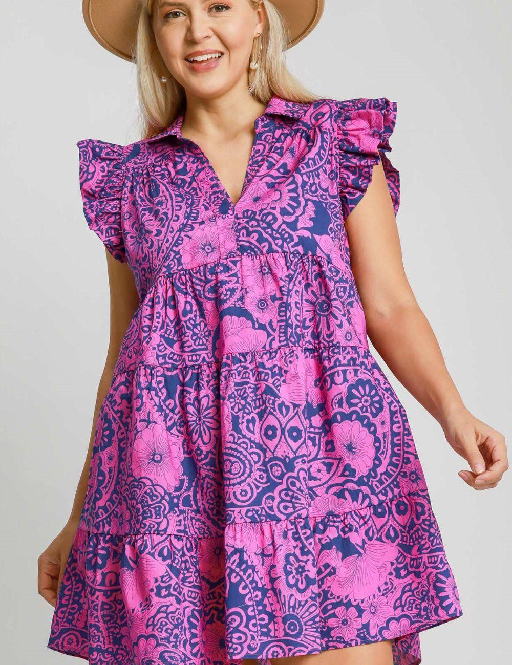 Umgee Full Size Printed Ruffle Cap Sleeve Babydoll Dress | Babydoll Dresses Daverri Fashions