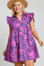 Umgee Full Size Printed Ruffle Cap Sleeve Babydoll Dress | Babydoll Dresses Daverri Fashions