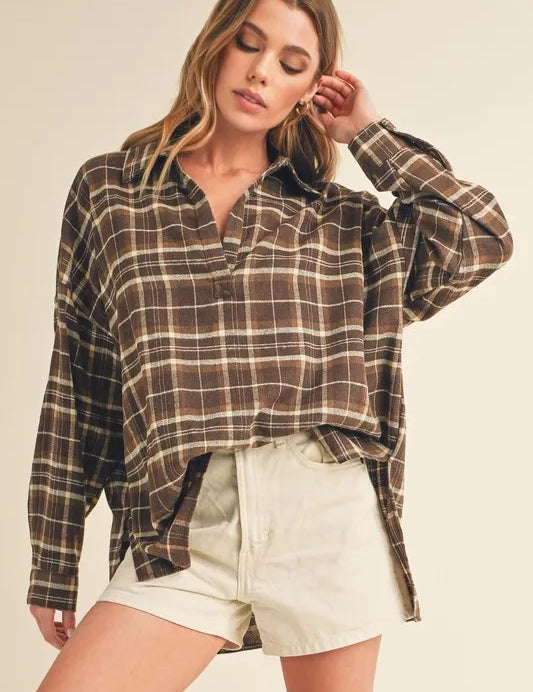 Coffee Brown Aemi + Co Side Slit High-Low Plaid Long Sleeve Polo Shirt | Daverri Fashions