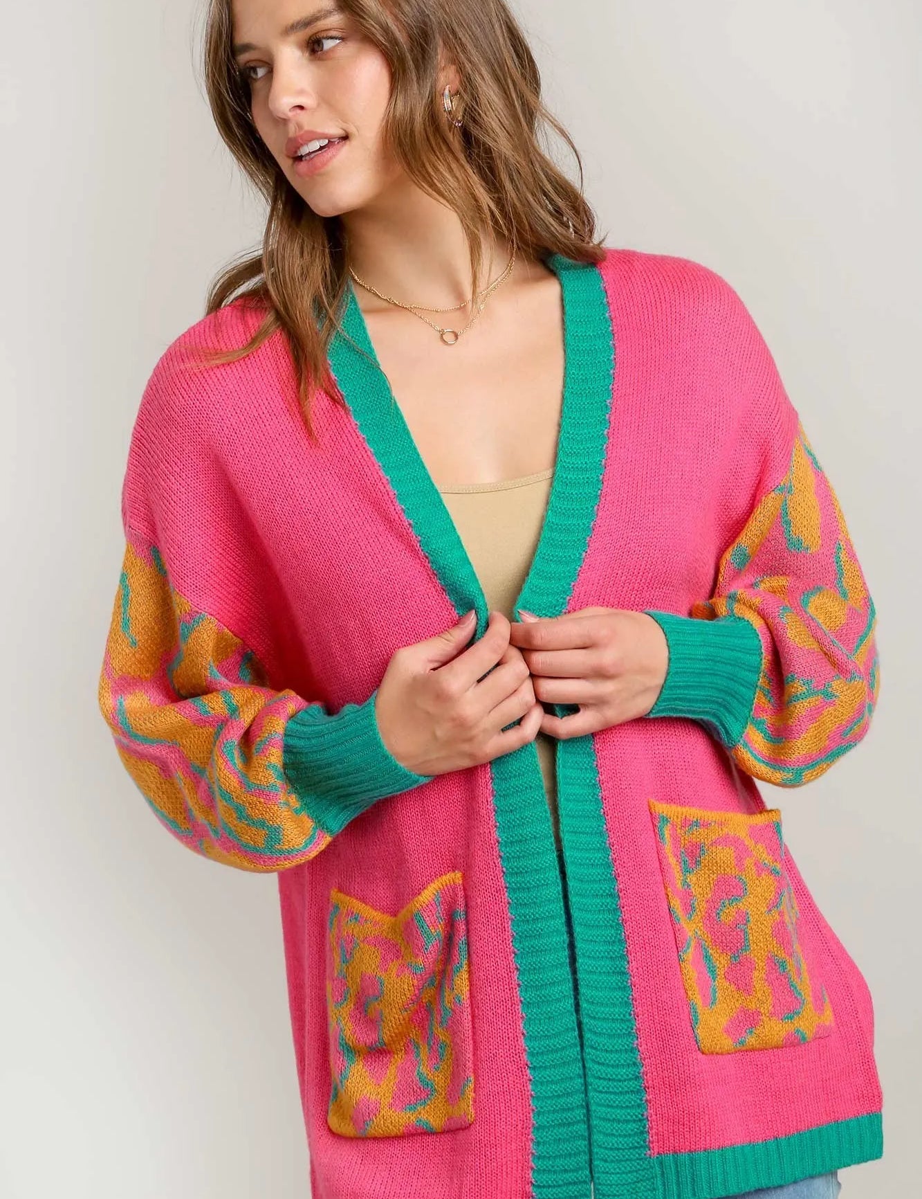 SUNRAY MIX Umgee Animal Print Open Front Sweater Cardigan | Sweaters Daverri Fashions