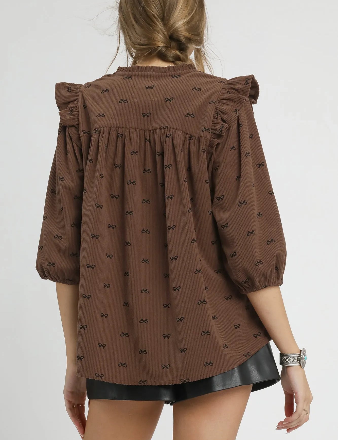 Umgee Bow Print Corduroy Puff Sleeve Blouse with Ruffled | Blouses Daverri Fashions