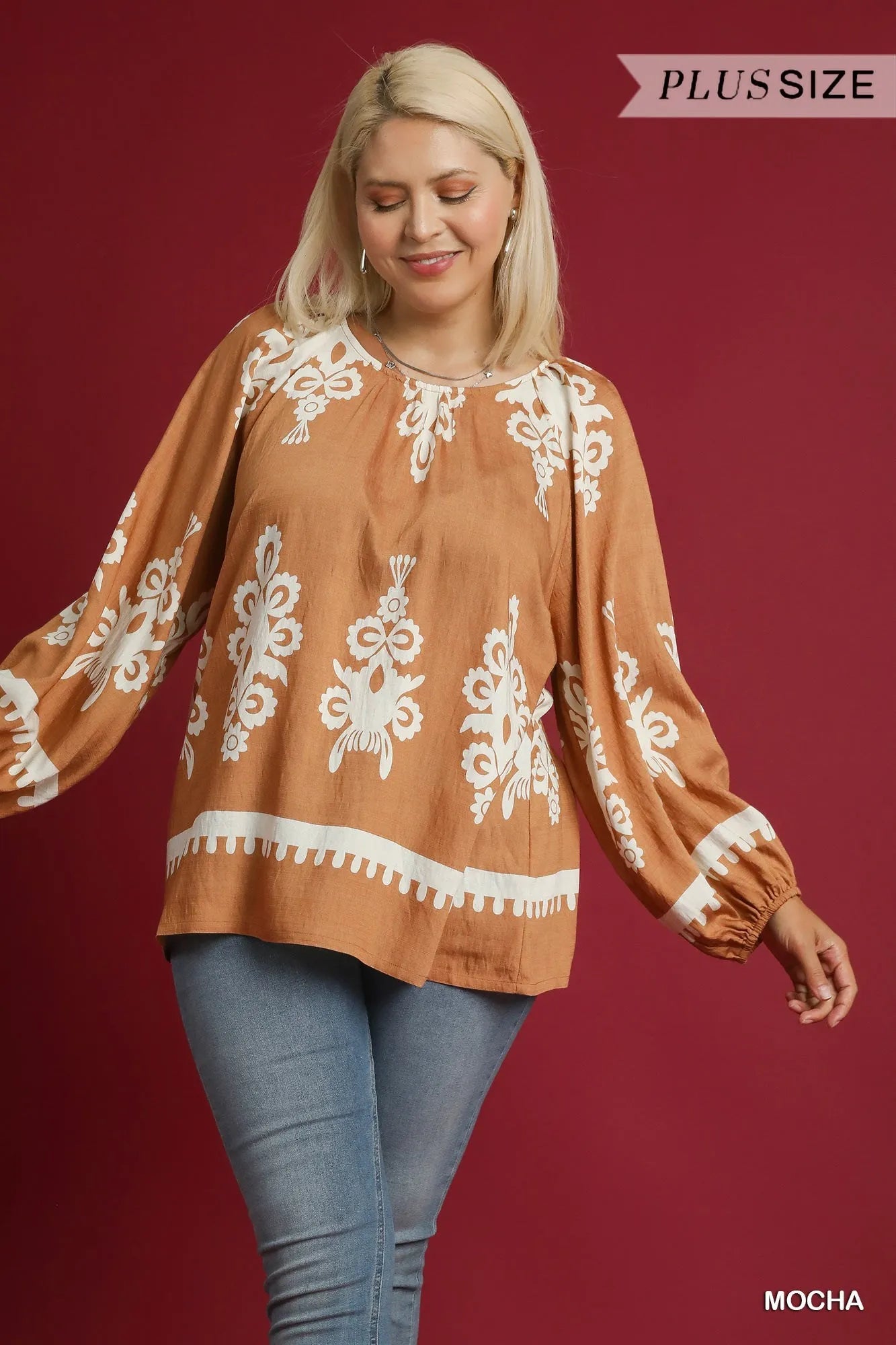 Umgee Full Size Two Tone Border Print Top with Balloon Sleeves Plus Size | Tops Daverri Fashions