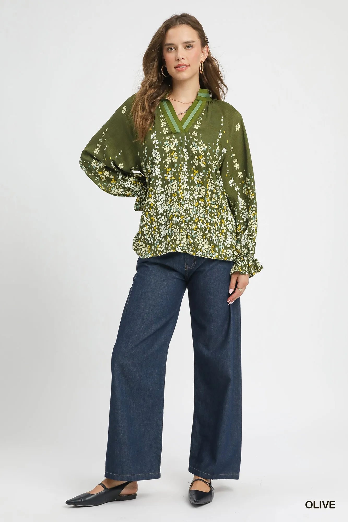 Umgee Floral Vine Print Blouse with Balloon Sleeves | Blouses Daverri Fashions