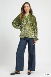 Umgee Floral Vine Print Blouse with Balloon Sleeves | Blouses Daverri Fashions