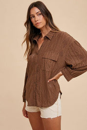 Brown Annie Wear Openwork Button Down Drop Shoulder Shirt | Tops Daverri Fashions