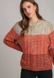 Cable-Knit Color Block Round Neck Long Sleeve Sweater | Sweaters Daverri Fashions