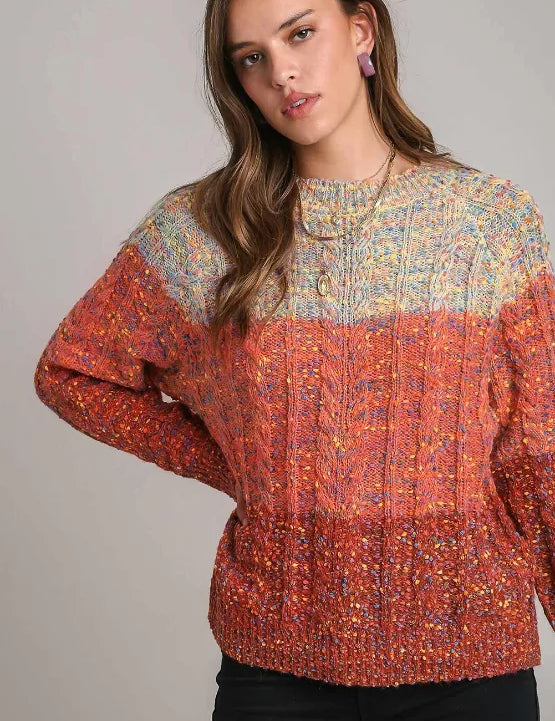 Cable-Knit Color Block Round Neck Long Sleeve Sweater | Sweaters Daverri Fashions