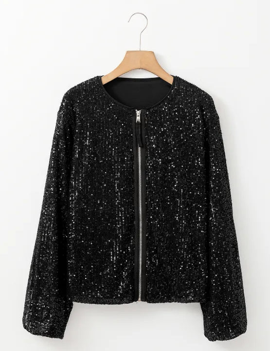 Sequin Zip Up Long Sleeve Jacket | Jackets Daverri Fashions