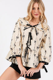 SAGE + FIG Bow Print Tie Front Babydoll Blouse | Blouses Daverri Fashions