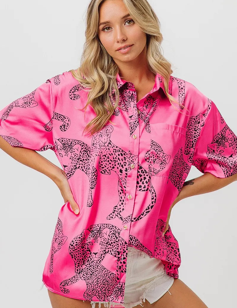 BiBi Leopard Print Short Sleeve Silky Satin Shirt Top | Tops Daverri Fashions