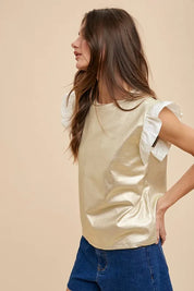 Annie Wear Mix Media Metallic Knit Ruffle Sleeve Top | Tops Daverri Fashions