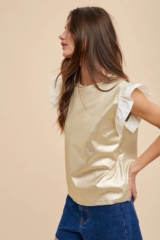 Annie Wear Mix Media Metallic Knit Ruffle Sleeve Top | Tops Daverri Fashions