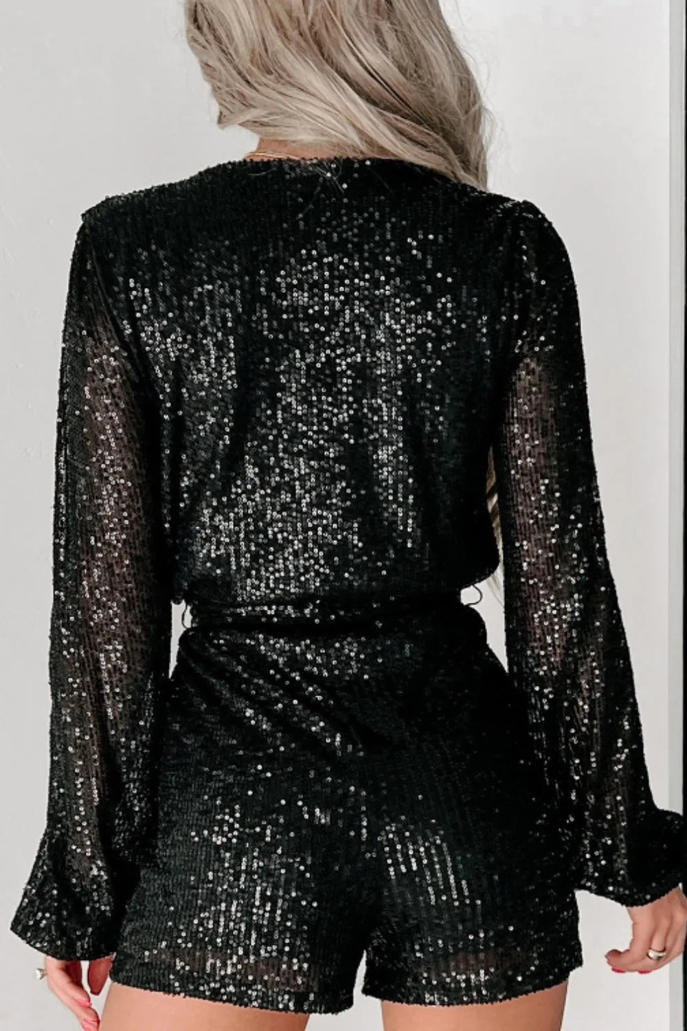 Sequin Surplice Long Sleeve Romper | Rompers Daverri Fashions