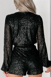 Sequin Surplice Long Sleeve Romper | Rompers Daverri Fashions