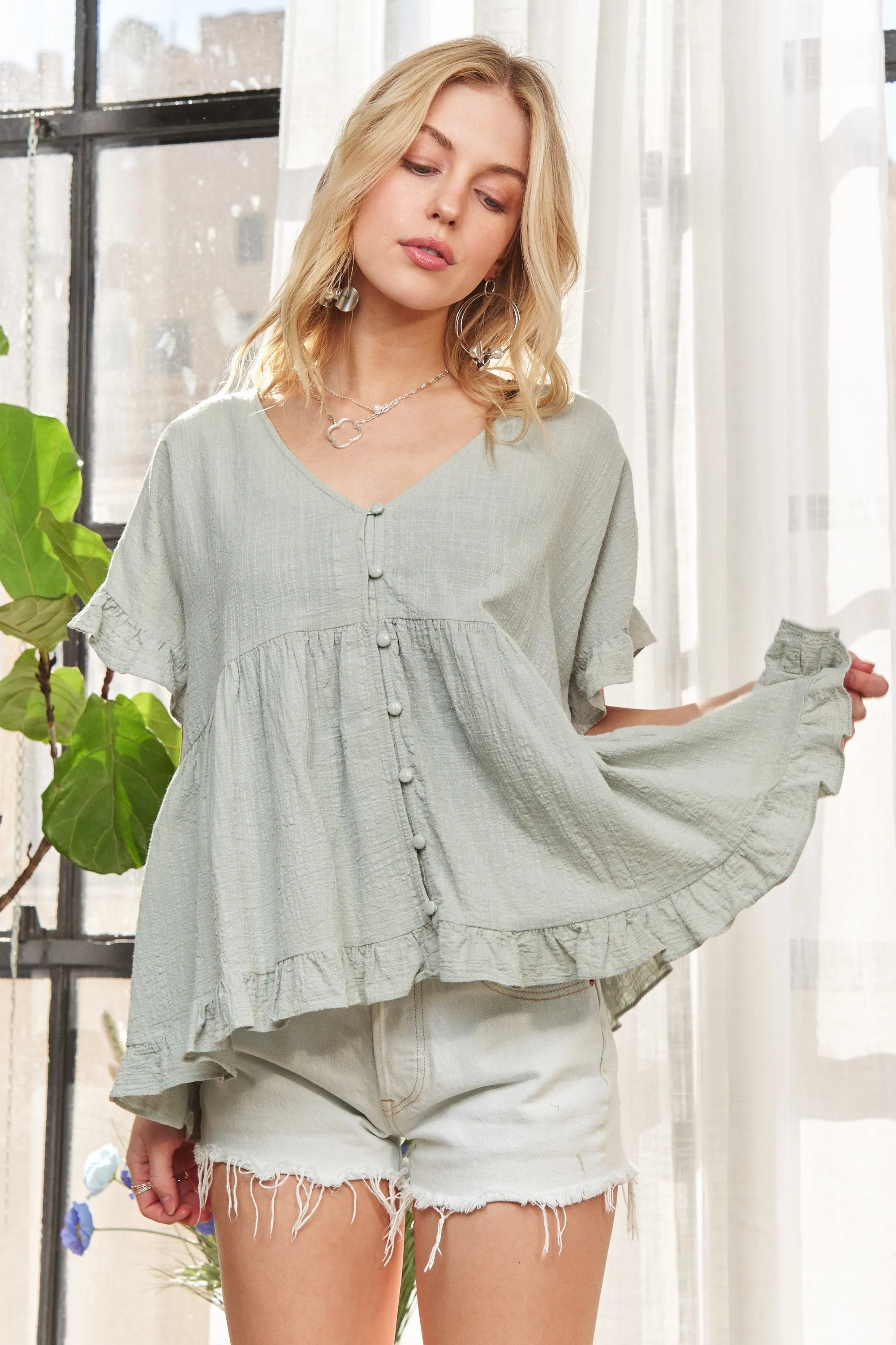 ADORA Button Down Ruffled Babydoll Blouse | Daverri Fashions
