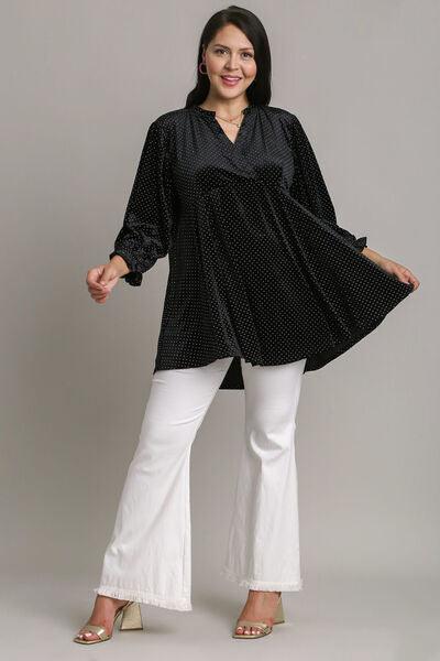 Umgee Full Size Beaded Frill Flounce Sleeve Velvet Babydoll Blouse | Blouses Daverri Fashions