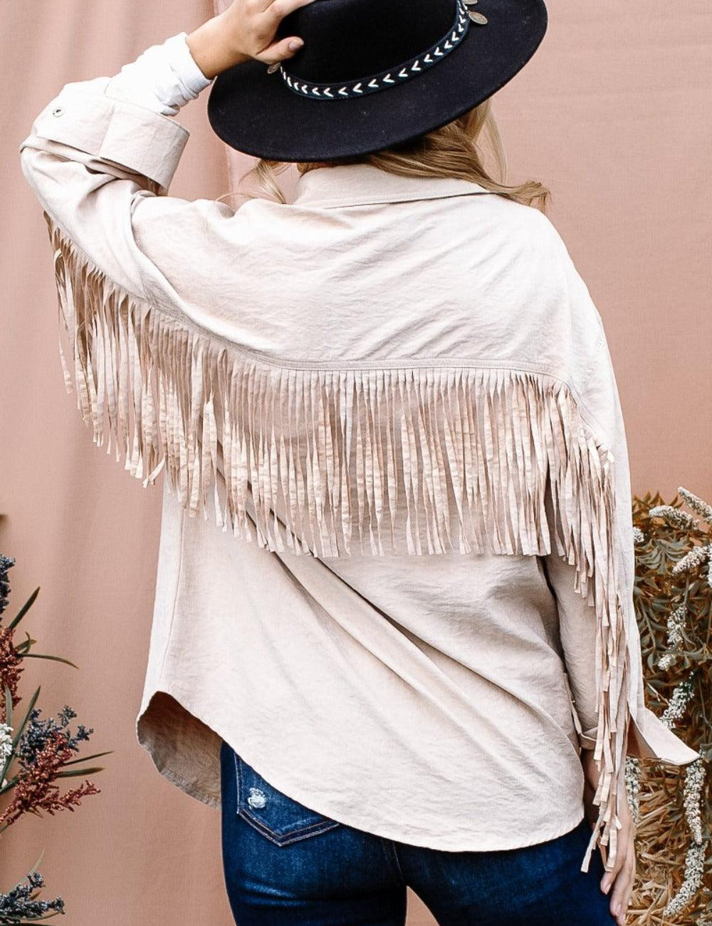 And The Why Full Size Fringe Back Detailed Button Down Shacket | Daverri Fashions