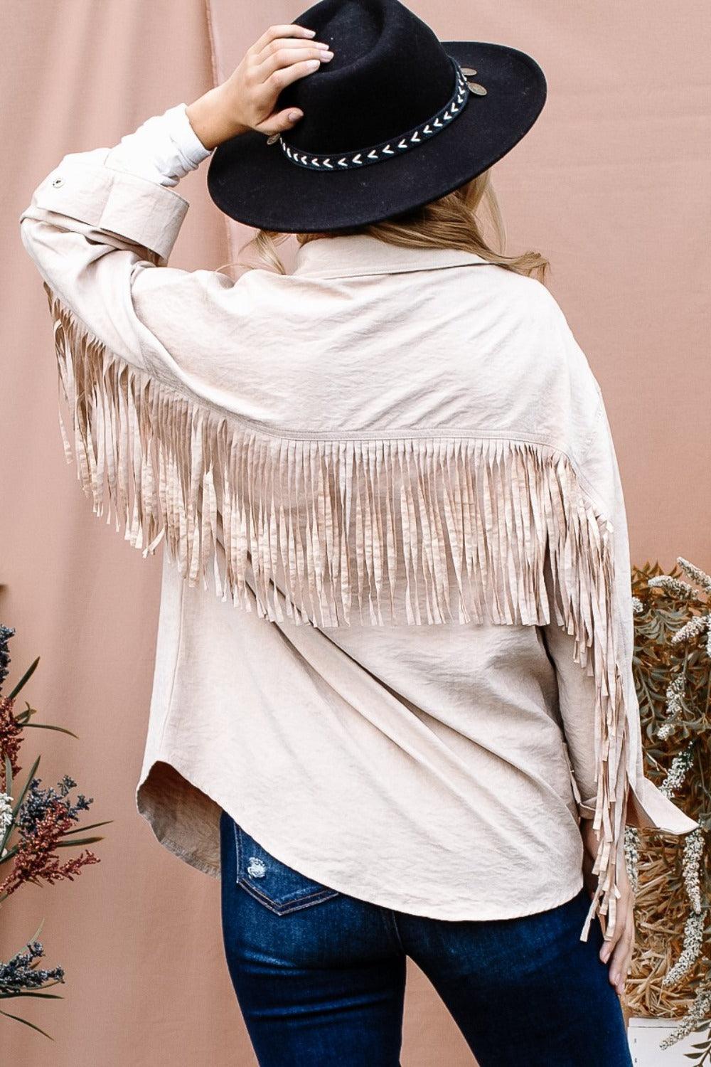 And The Why Full Size Fringe Back Detailed Button Down Shacket | Daverri Fashions