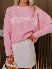 Blush Pink Merry Candy Cane Christmas Crew Neck Sweater | Sweaters Daverri Fashions