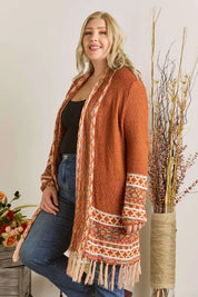 ADORA Plus Size Fringe Hem Aztec Border Cardigan | Cardigans Daverri Fashions