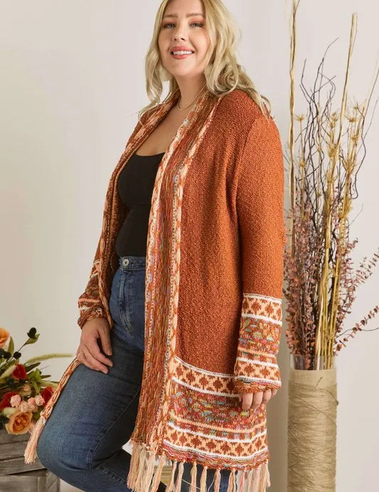 ADORA Plus Size Fringe Hem Aztec Border Cardigan | Cardigans Daverri Fashions