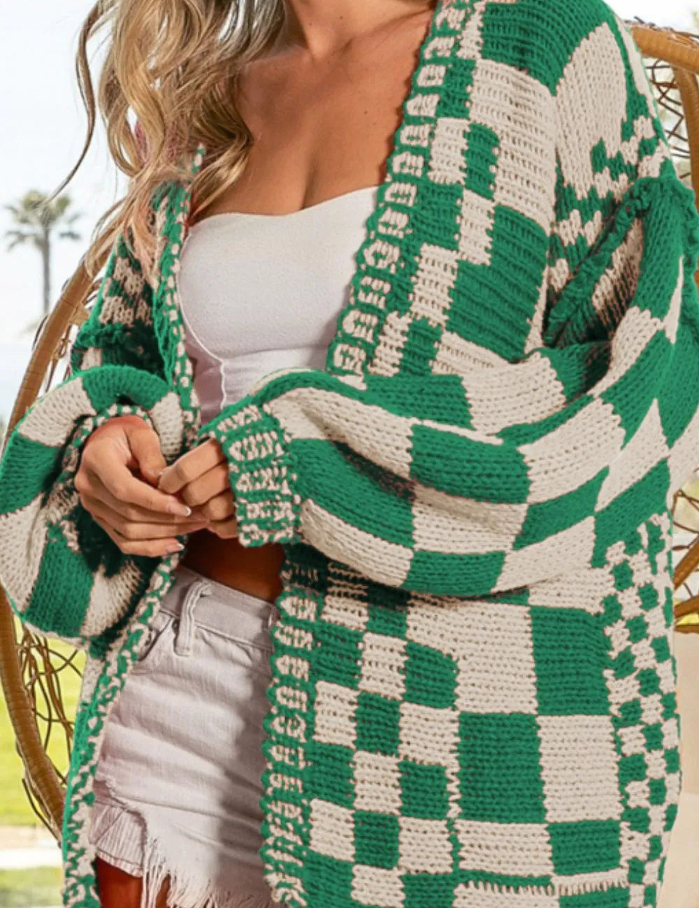 Green Checkered Open Front Long Sleeve Cardigan | Cardigans Daverri Fashions