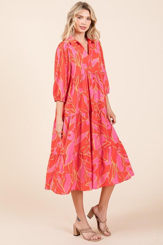 Mittoshop Tiered Printed Collared Neck Midi Dress | Mid Dresses Daverri Fashions