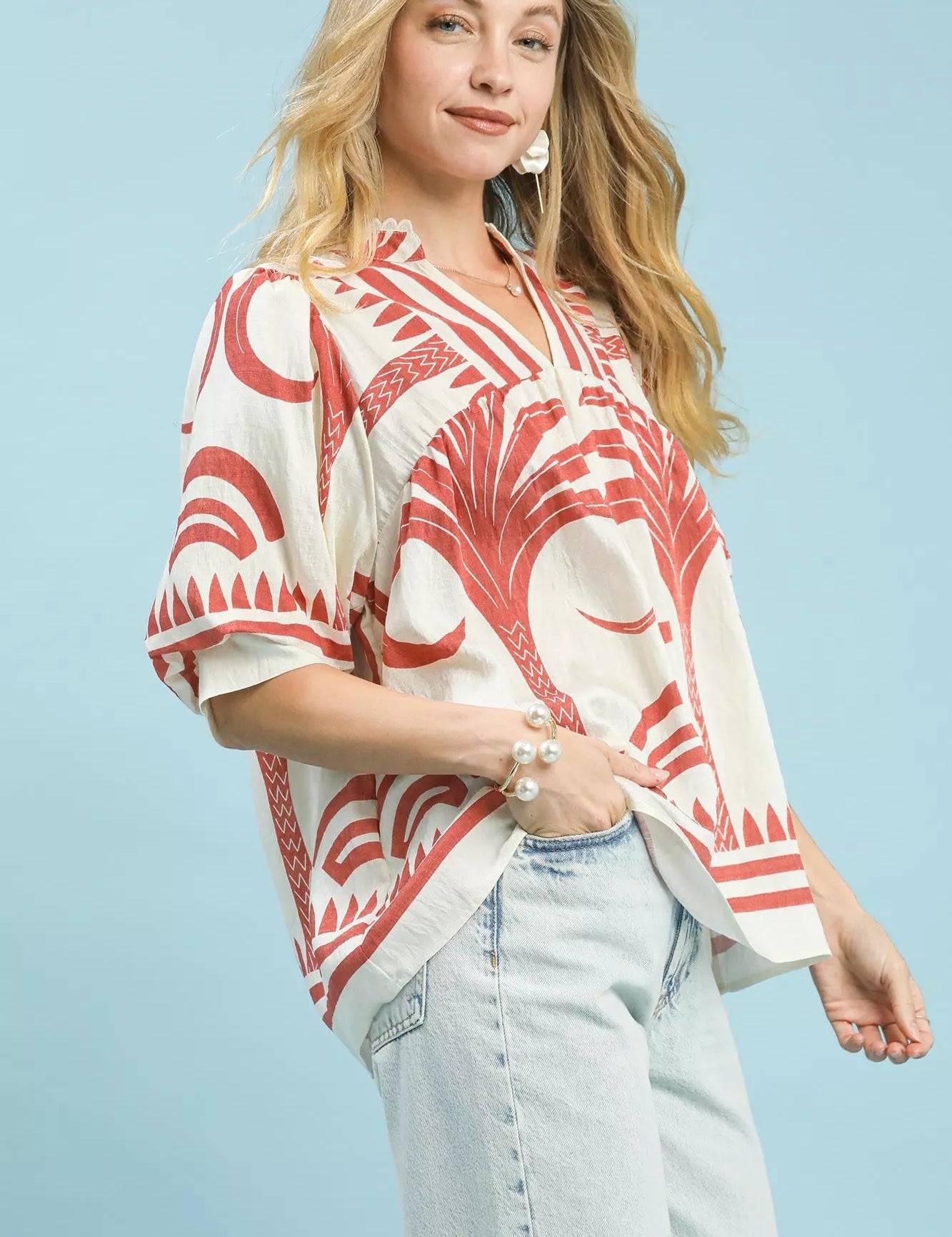 Umgee Folk Art Palm Print Puff Sleeve Blouse | Blouses Daverri Fashions