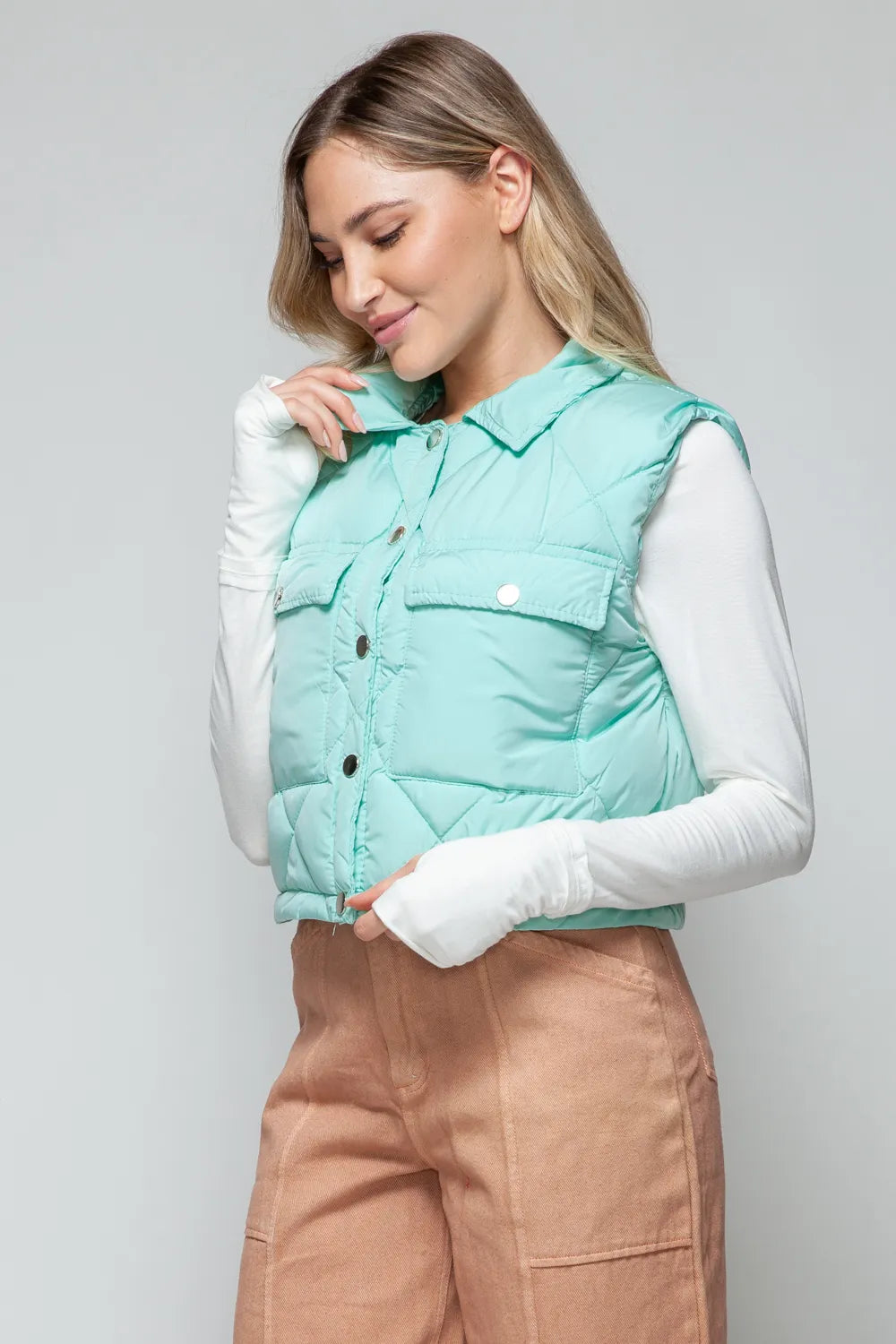 Snobbish Snap Down Quilted Crop Vest | Vest Jackets Daverri Fashions