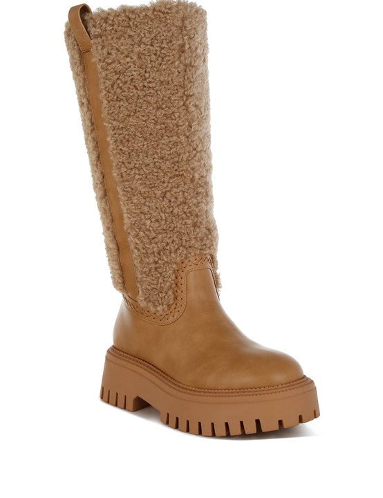 Beige Lapland Fur Detail Calf Length Boots | Boots Daverri Fashions