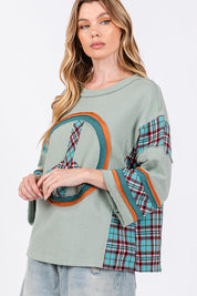 SAGE + FIG Peace Applique Patch Contrast Plaid Top | Tops Daverri Fashions