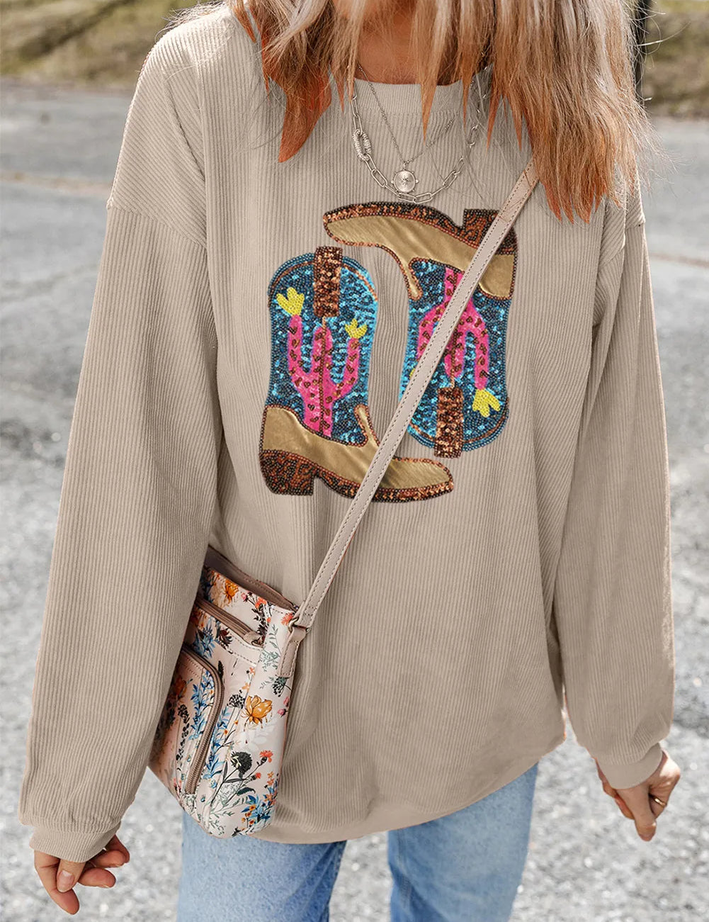 Full Size Sequin Boots Round Neck Long Sleeve Sweatshirt | Sweatshirts Daverri Fashions