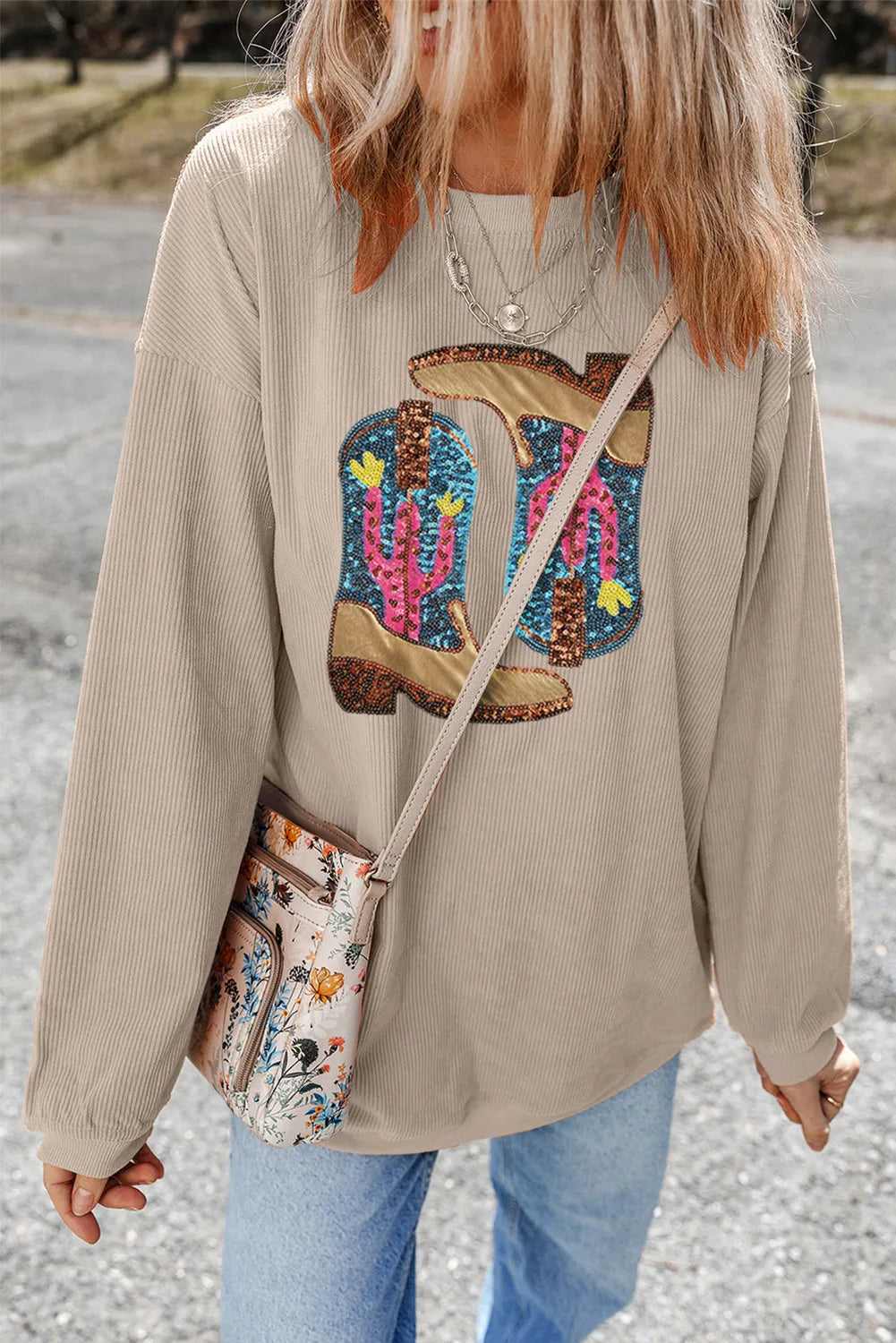 Full Size Sequin Boots Round Neck Long Sleeve Sweatshirt | Sweatshirts Daverri Fashions
