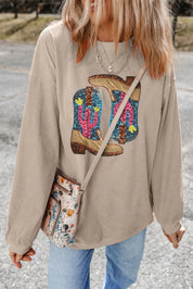 Full Size Sequin Boots Round Neck Long Sleeve Sweatshirt | Sweatshirts Daverri Fashions